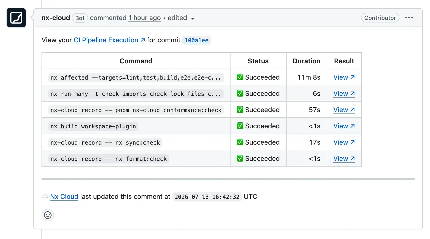 Nx Cloud bot comment on a GitHub PR showing each command with its status, duration, and a link to its logs